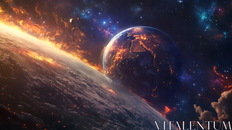 Twin burning worlds trade molten whispers across the void