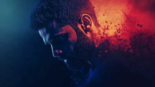 Brooding neon silhouette dissolving into cosmic embers.