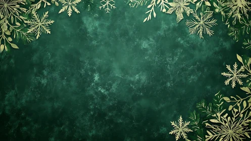 Metallic botanical snowflake frame on deep green ground.