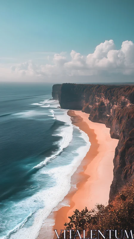 Aerial coastal escarpment with turquoise surf dynamics.