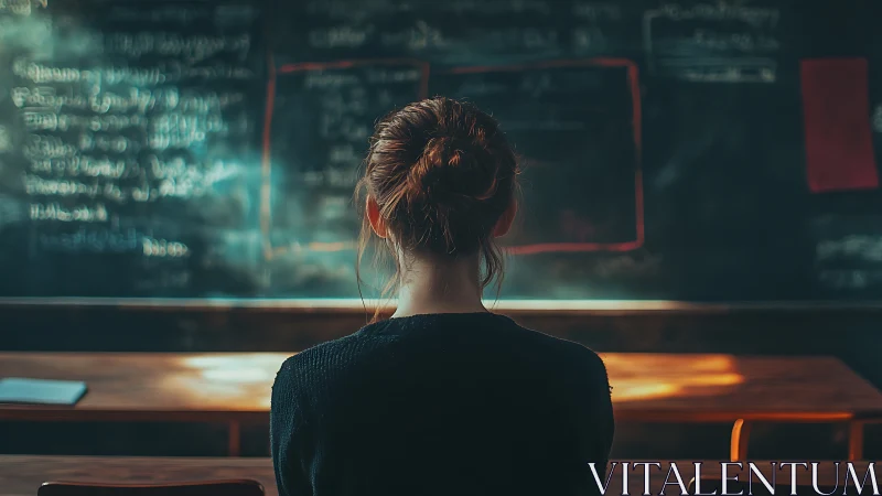 Student sits alone facing chalkboard in dim classroom