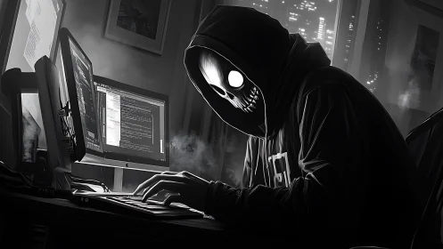 Midnight skull hacker bends code in neon haunted workspace.