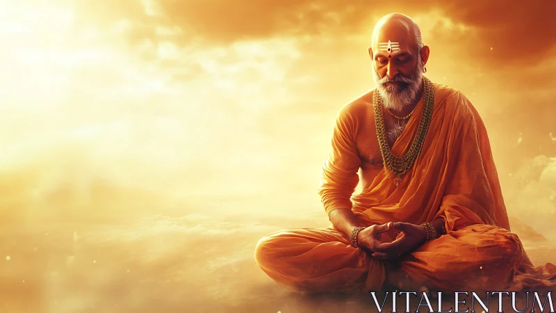 Elderly male ascetic seated in orange robes, meditating calmly.