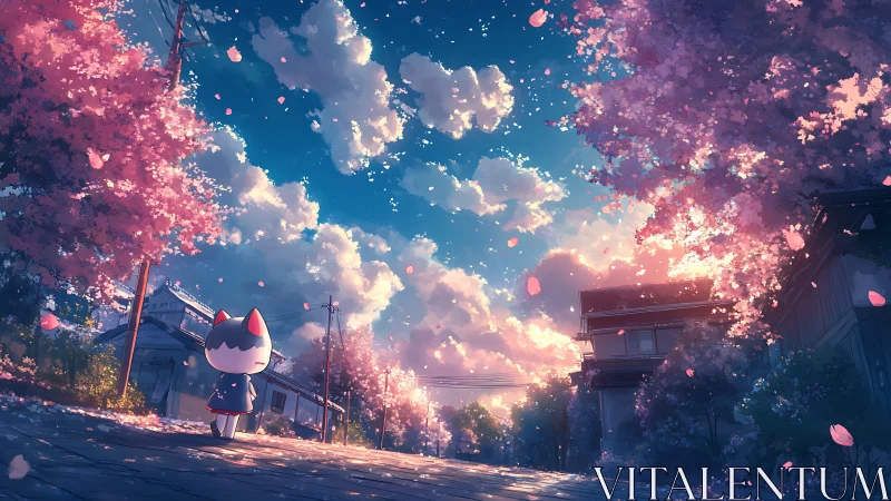 Anthropomorphic cat under radiant cherry blossoms at dusk