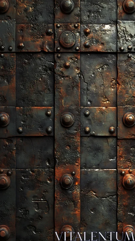 Rusted iron plates form heavy riveted industrial wall surface