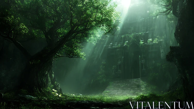 Sunlit jungle temple doorway emerges through dense canopy