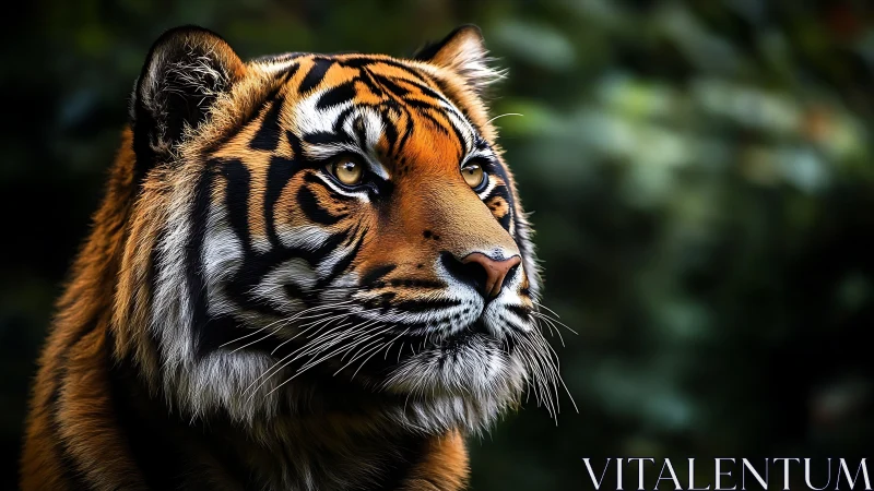 Tiger portrait with sharp striped fur and focused gaze.