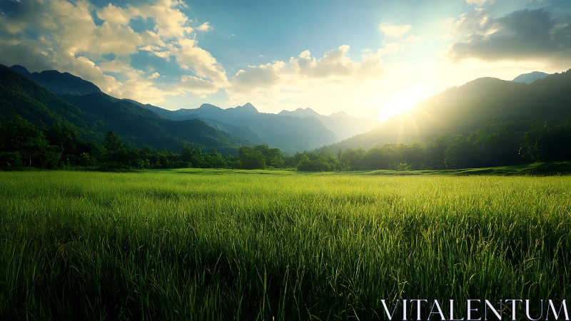 Sunlit valley meadow bordered by distant mountain range.