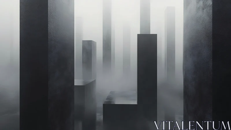 Rectangular monolith structures in dense atmospheric fog.