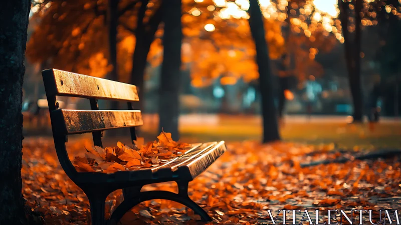 Park bench with autumn leaves in shallow depth focus.