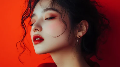 Profile portrait shows stylized female face against red background