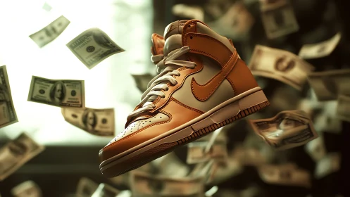Golden high-top sneaker floats amid flying cash bills.
