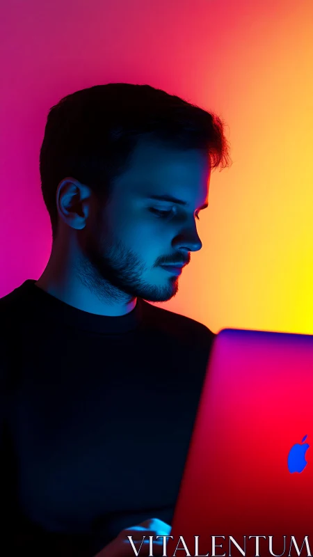 Neon coder in gradient glow, sculpted by laptop light.