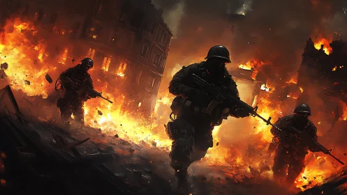 Soldiers navigate inferno through devastated urban war zone