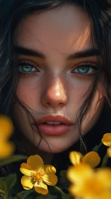 Girl portrait shows hyper-detailed face among yellow flowers