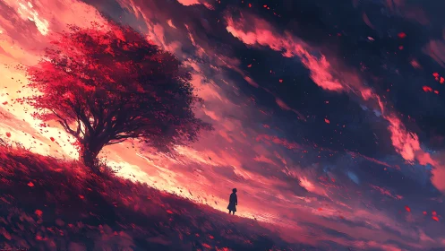 Lone figure under red tree at stormy sunset sky.