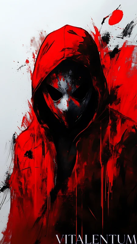 Hooded masked figure in red abstract digital portrait.