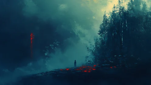 Lone wanderer contemplates glowing embers beneath misty pines.