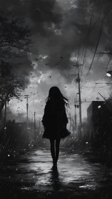 Monochrome rain-soaked alley silhouette in digital painting style.