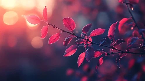Sunlit crimson leaves glow gently against a dreamy dusk bokeh