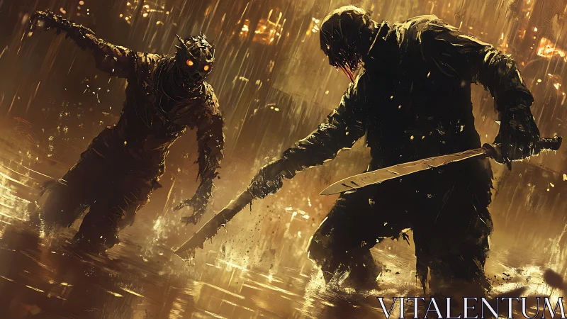 Rain-soaked duel of blade-wielding wasteland nightmares.