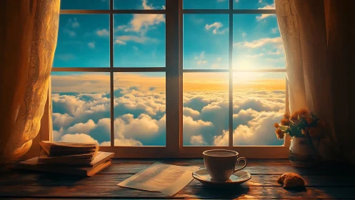 Digital painting of sky-high window cafe vignette at sunrise.