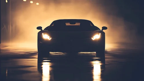 Low-slung supercar cuts through mist with blazing headlights