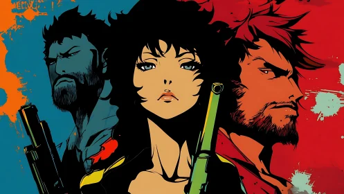 Triadic anime agents posed with pistols against split-color fields