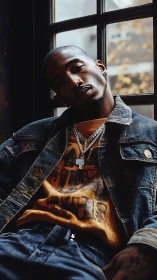 Moody urban portrait with denim layers and golden light.