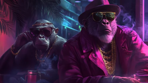 Stylized chimpanzees in neon lit bar wearing urban fashion.