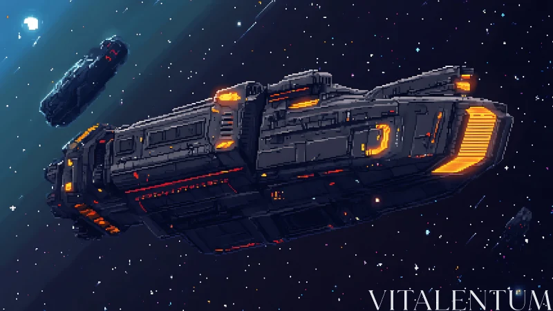 Pixel art spacecraft convoy in deep space starfield scene.