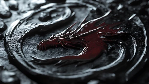Red dragon sigil gleams on dark weathered stone emblem