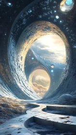 Futuristic arched tunnel frames luminous alien horizon sky