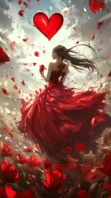 Woman in Crimson Gown with Radiant Heart Symbol Composition.