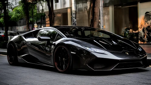 Black low-profile sports coupe on urban street at rest.