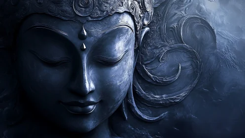 Monochrome sculpted deity face with ornamental relief forms.