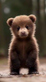Wide-eyed forest cub standing on tiny, curious paws.