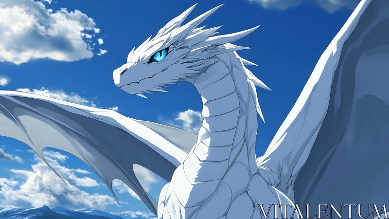 White dragon with blue eyes against open sky background.
