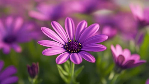 Vibrant Purple Daisy Blooms in Soft-Focused Garden Light