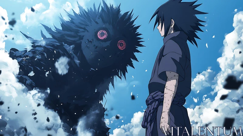 Aerial confrontation of ninja combatant and colossal void entity.