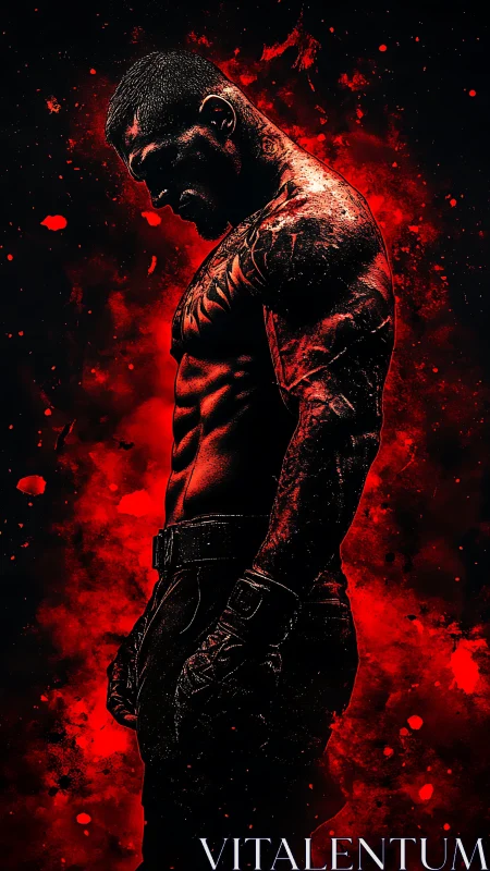 Silhouetted fighter in red splatter inferno profile portrait.
