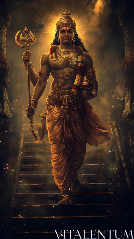 Divine warrior deity descending temple steps in light.