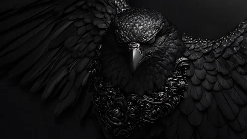 Dark metallic raven spreads its wings in sculpted shadow.