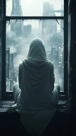 Hooded figure overlooks fog-drenched dystopian megacity skyline