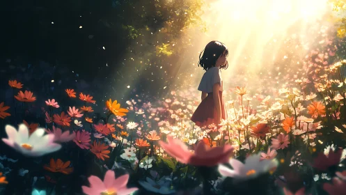 Sunlit anime girl walking through glowing wildflower meadow.