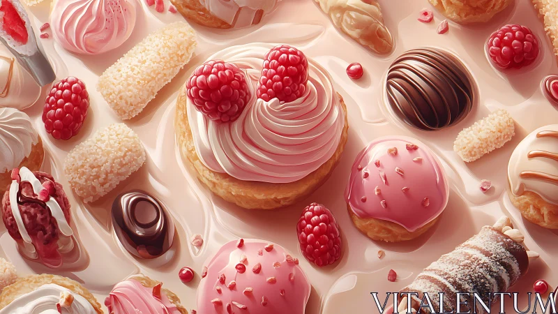 Hyperreal raspberry pastries and confections on glossy cream field