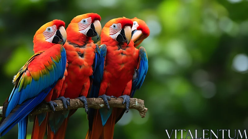 Vibrant Scarlet Macaws Perched on Branch in Lush Nature Photography.