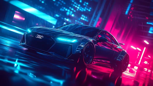 Audi sports sedan cuts neon rain on reflective city street.