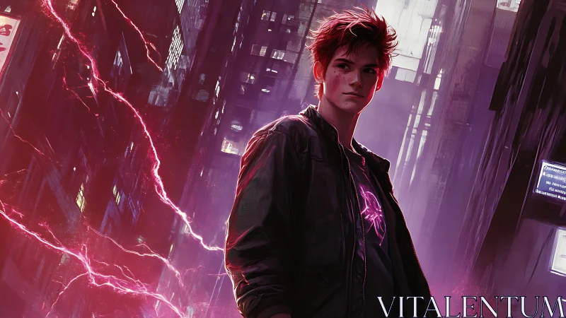 Young male figure stands in neon lit urban alleyway at night