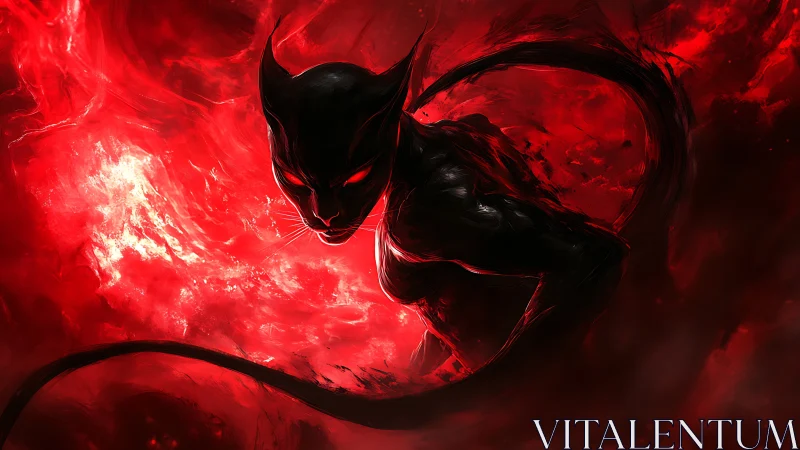 Shadowed feline humanoid in swirling red abstract space.